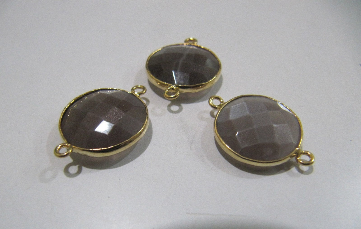 Natural Chocolate Moonstone Round Coin Shape Faceted Double Loop Bezel Connectors 15 mm Size Gemstone Connector Charms sold per piece