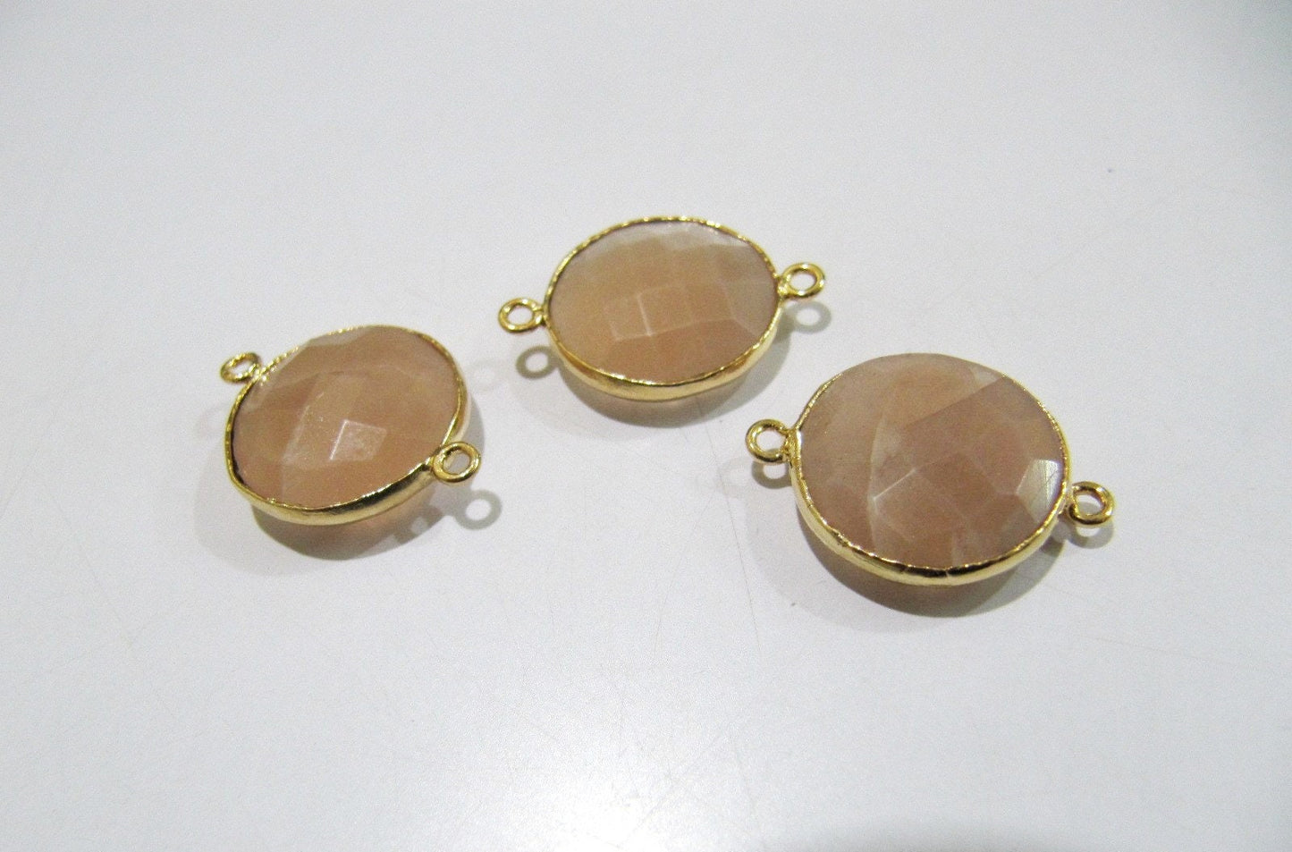 Natural Peach Moonstone Round Coin Shape Faceted Double Loop Bezel Connectors 15 mm Size Gemstone Connector Charms sold per piece