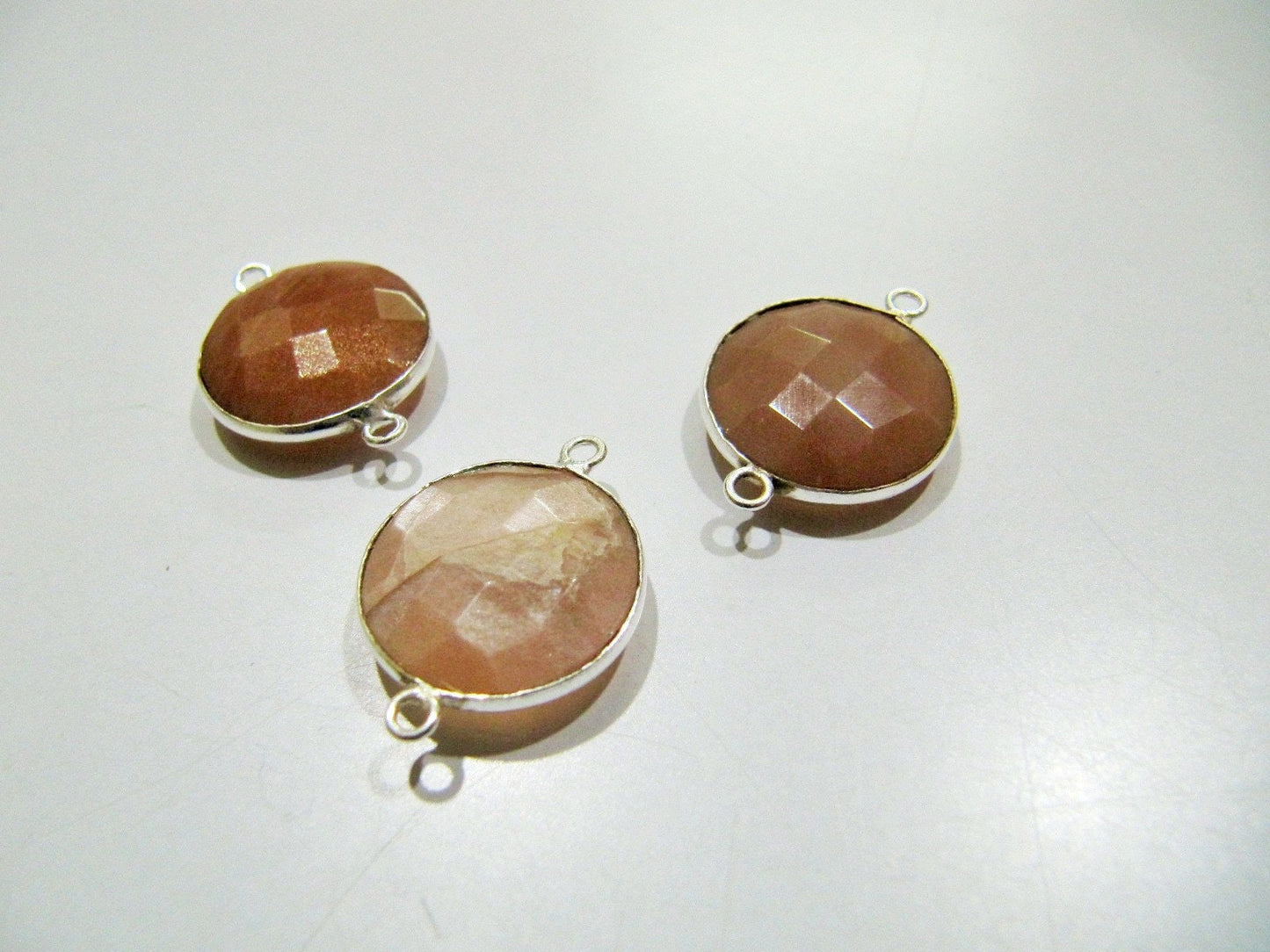 Natural Peach Moonstone Round Coin Shape Faceted Double Loop Bezel Connectors 15 mm Size Gemstone Connector Charms sold per piece