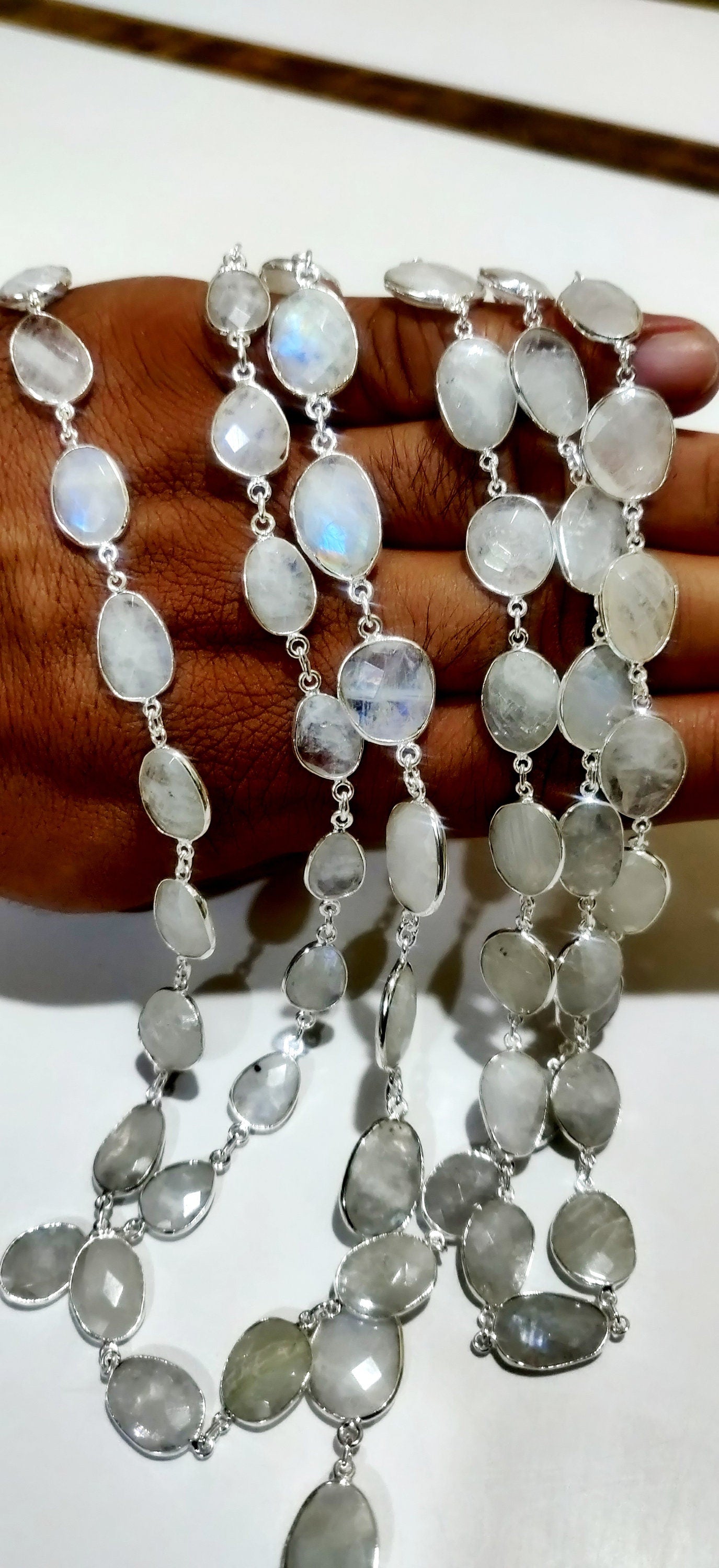 Natural White Rainbow Moonstone Uneven Shape Briolette Connector Chain 10 to 15mm Sold Per Foot Blue Flashy Gemstone Handmade Bezel Chain