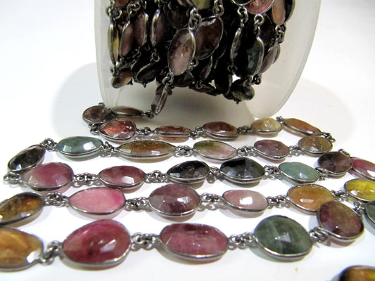 Natural Water Melon Multi color Tourmaline Briolette faceted Connector Chain Uneven Free Shape Sold Per Foot Wholesale Prices