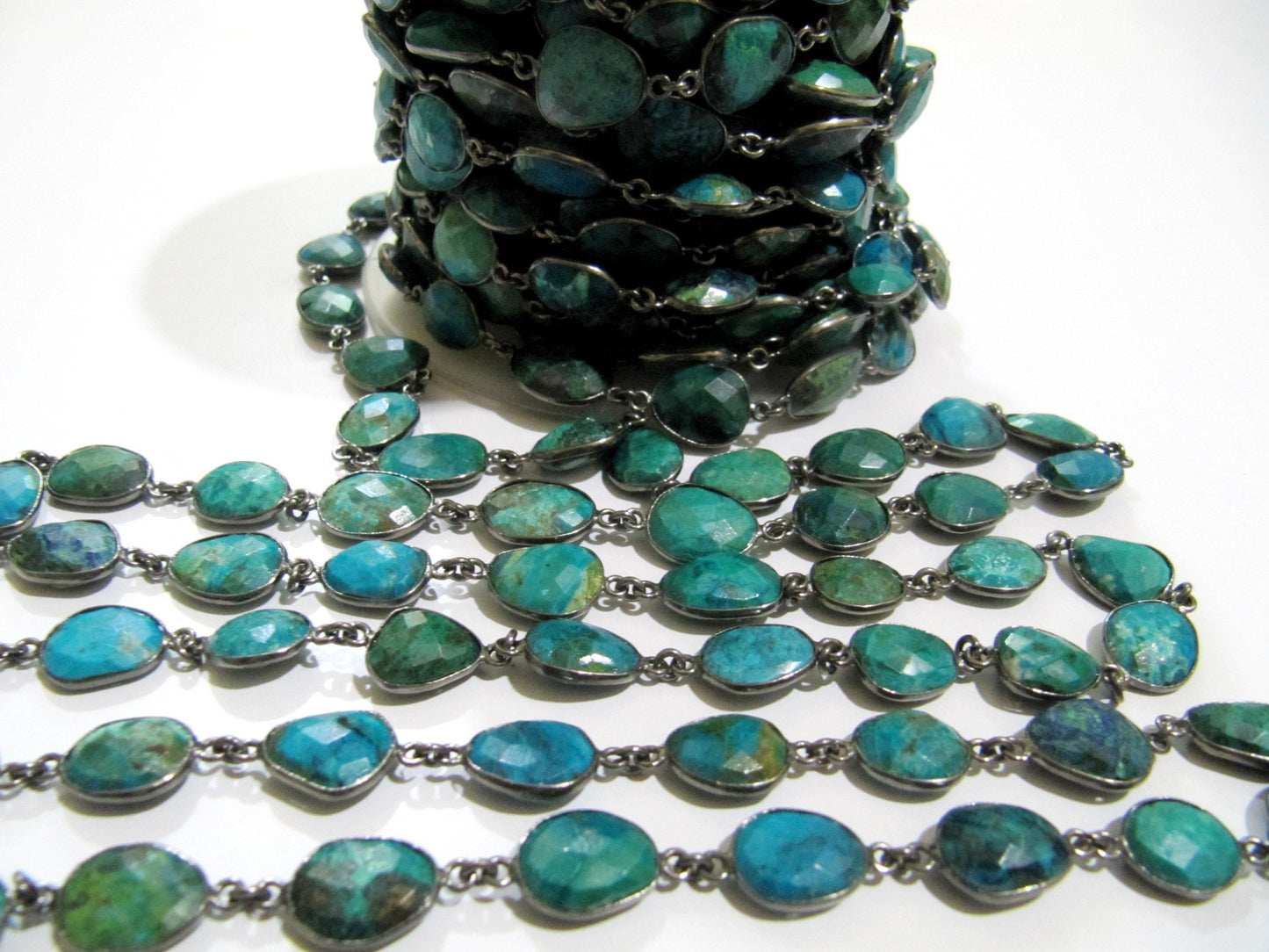 Natural Chrysocolla Briolette faceted Size 10 to 15mmConnector Bezel Chain Uneven Free Shape Sold Per Foot Wholesale Prices
