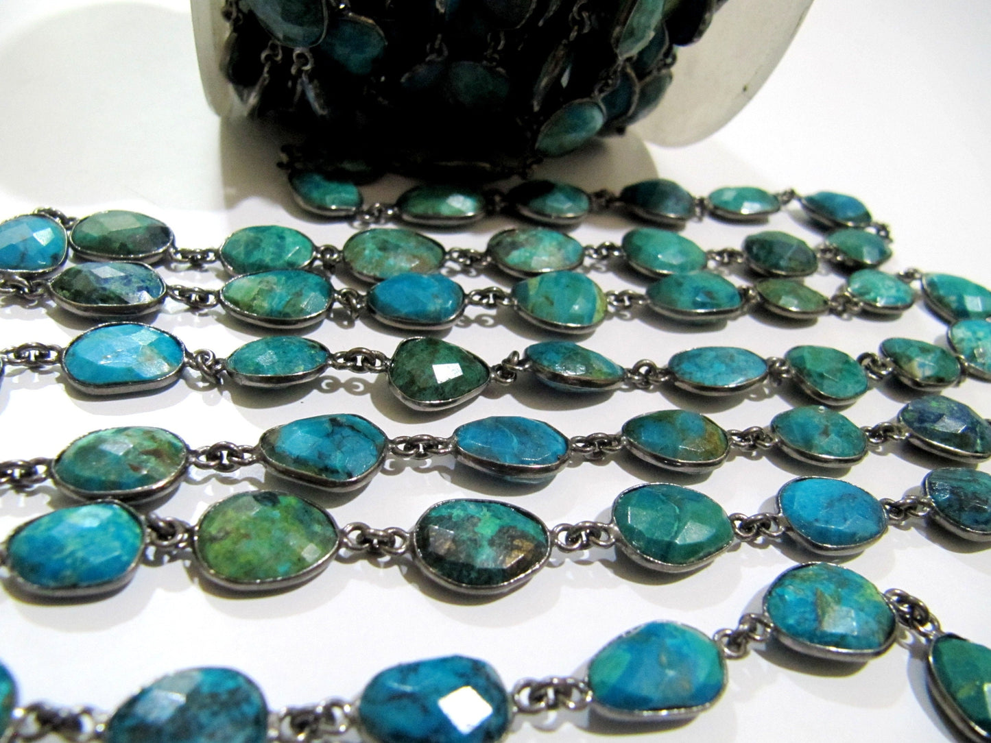 Natural Chrysocolla Briolette faceted Size 10 to 15mmConnector Bezel Chain Uneven Free Shape Sold Per Foot Wholesale Prices