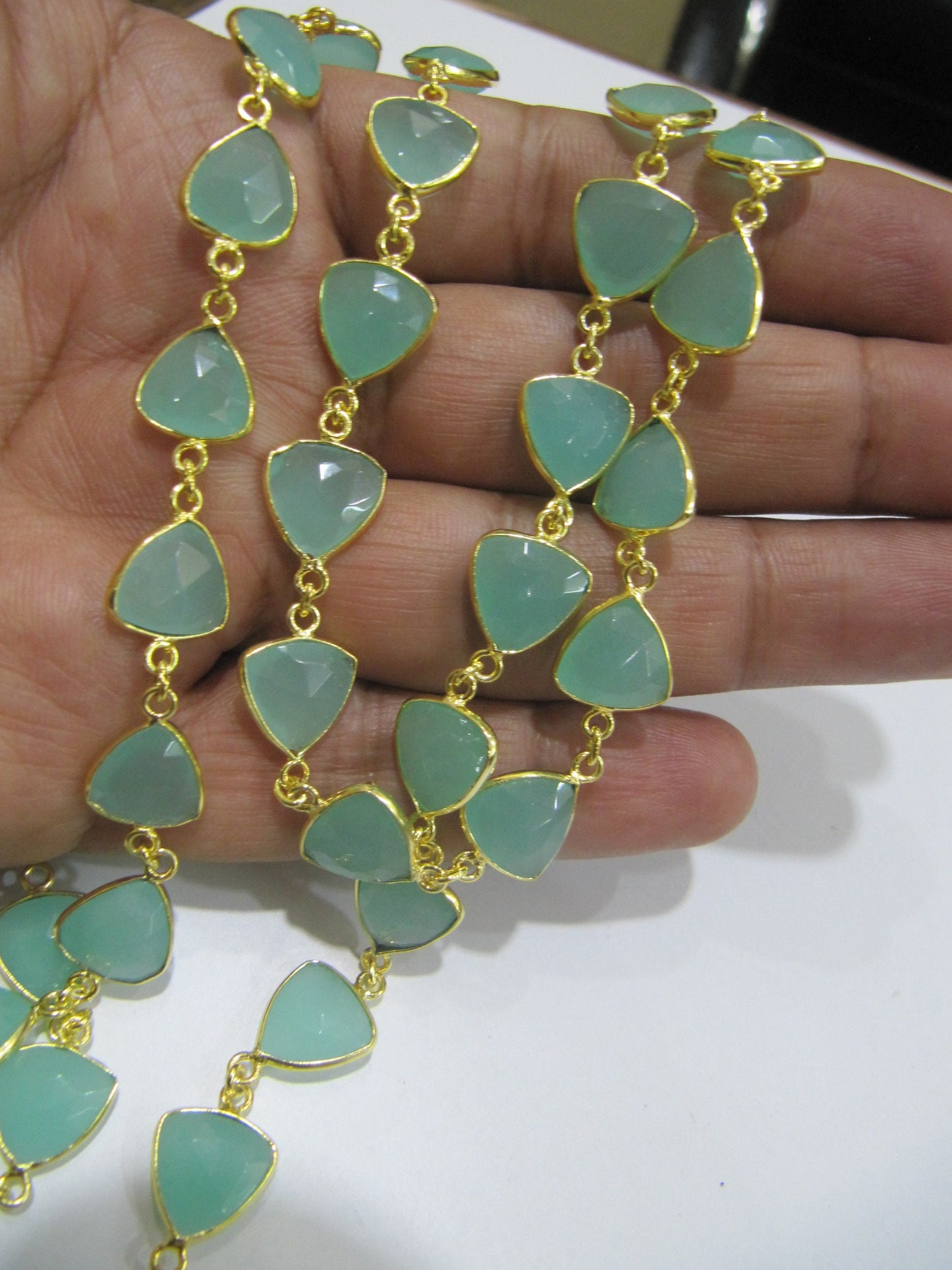 Natural Aqua Chalcedony Trillion Triangle Shape Briolette Faceted Bezel Connector chain 11mm Gold/Silver/Black/Rosegold Plated Chain