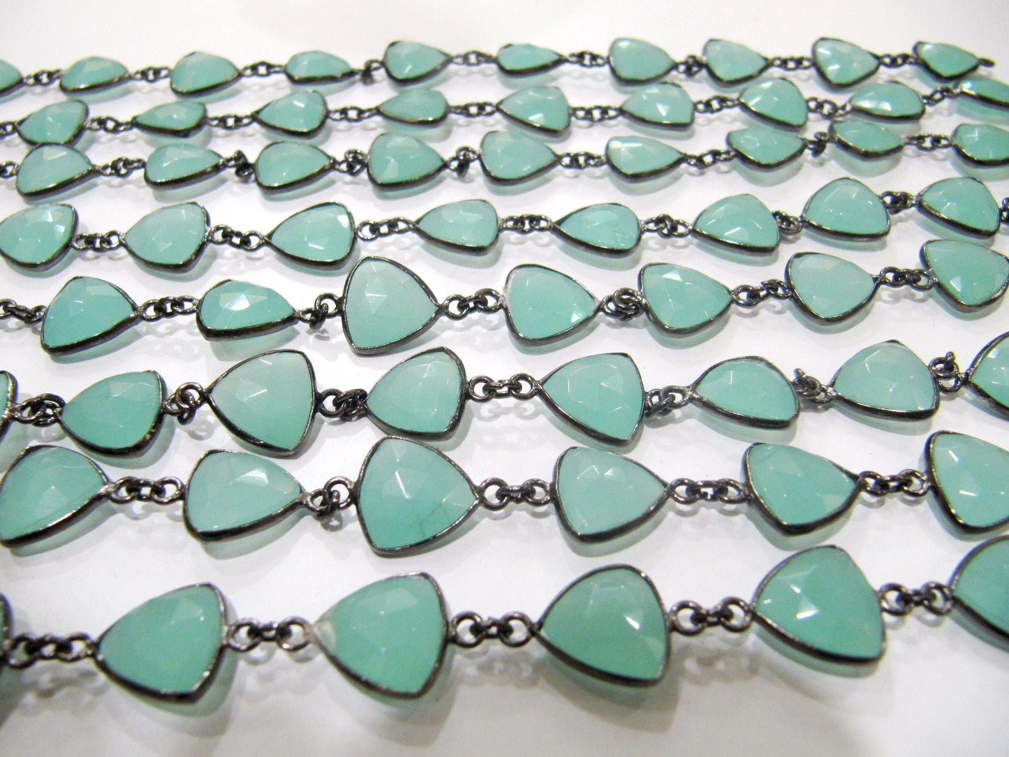 Natural Aqua Chalcedony Trillion Triangle Shape Briolette Faceted Bezel Connector chain 11mm Gold/Silver/Black/Rosegold Plated Chain