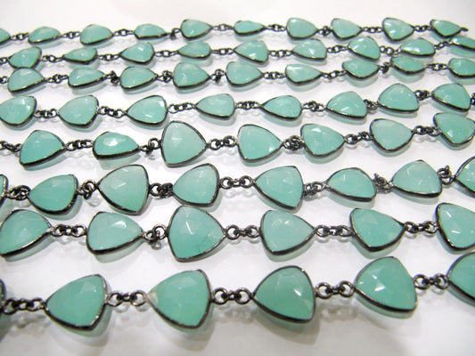 Natural Aqua Chalcedony Trillion Triangle Shape Briolette Faceted Bezel Connector chain 11mm Gold/Silver/Black/Rosegold Plated Chain