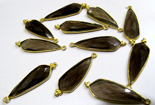 2 Pcs Set Natural Smoky Quartz Long Pear Shape 10x30mm Briolette Connectors Brown Stone Single Loop Bezel Jewelry Making Connectors
