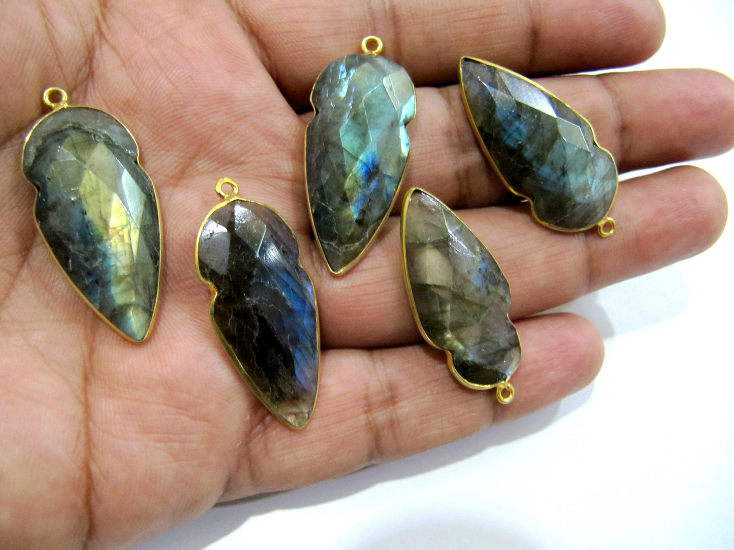 Natural Labradorite Blue Flashy Arrowhead 15X40mmCabochon Connectors Single Loop Bezel Jewelry Making sold per piece