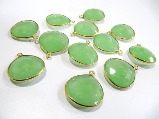 6 Pcs Set Green Chalcedony Heart Shape 20mm Briolette Connectors Green Chalcedony Plated Single  Loop Bezel Jewelry Making Bezel Connectors
