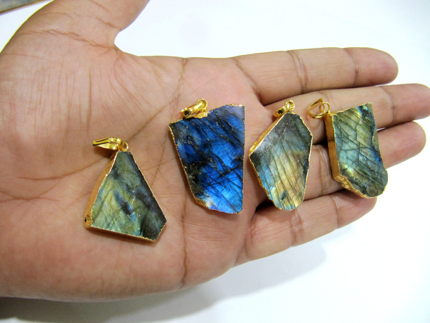 Natural Labradorite Slice Pendant Free Form Charm With Gold Electroplated Edge , Single Loop Connector 1 inch approximately