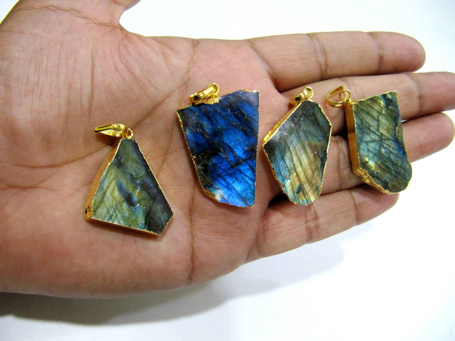 Natural Labradorite Slice Pendant Free Form Charm With Gold Electroplated Edge , Single Loop Connector 1 inch approximately