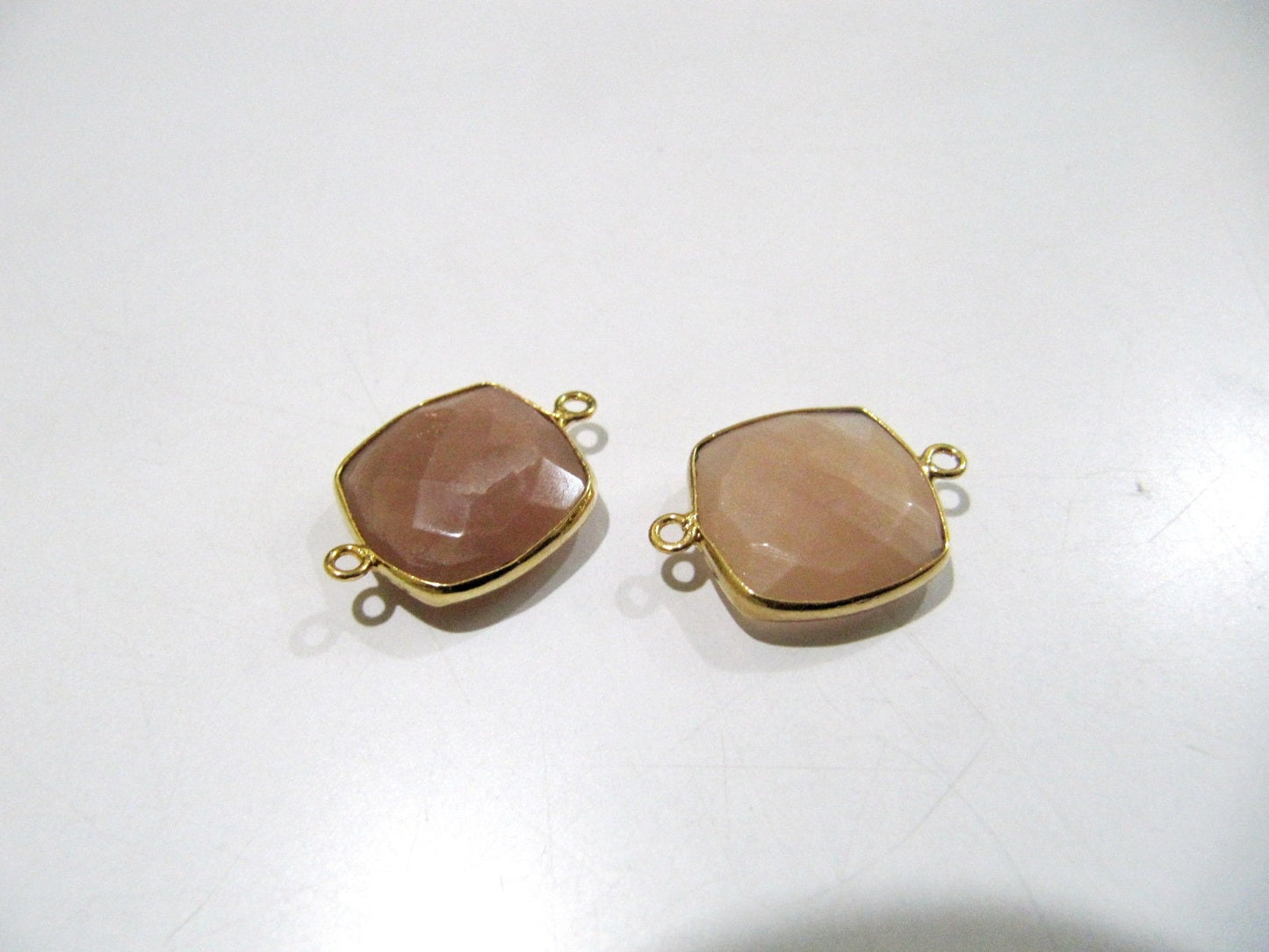 Natural Peach Moonstone Cushion Shape Faceted Briolette Double Loop Bezel Connectors 15 mm Size Gemstone Connector Charms sold per piece