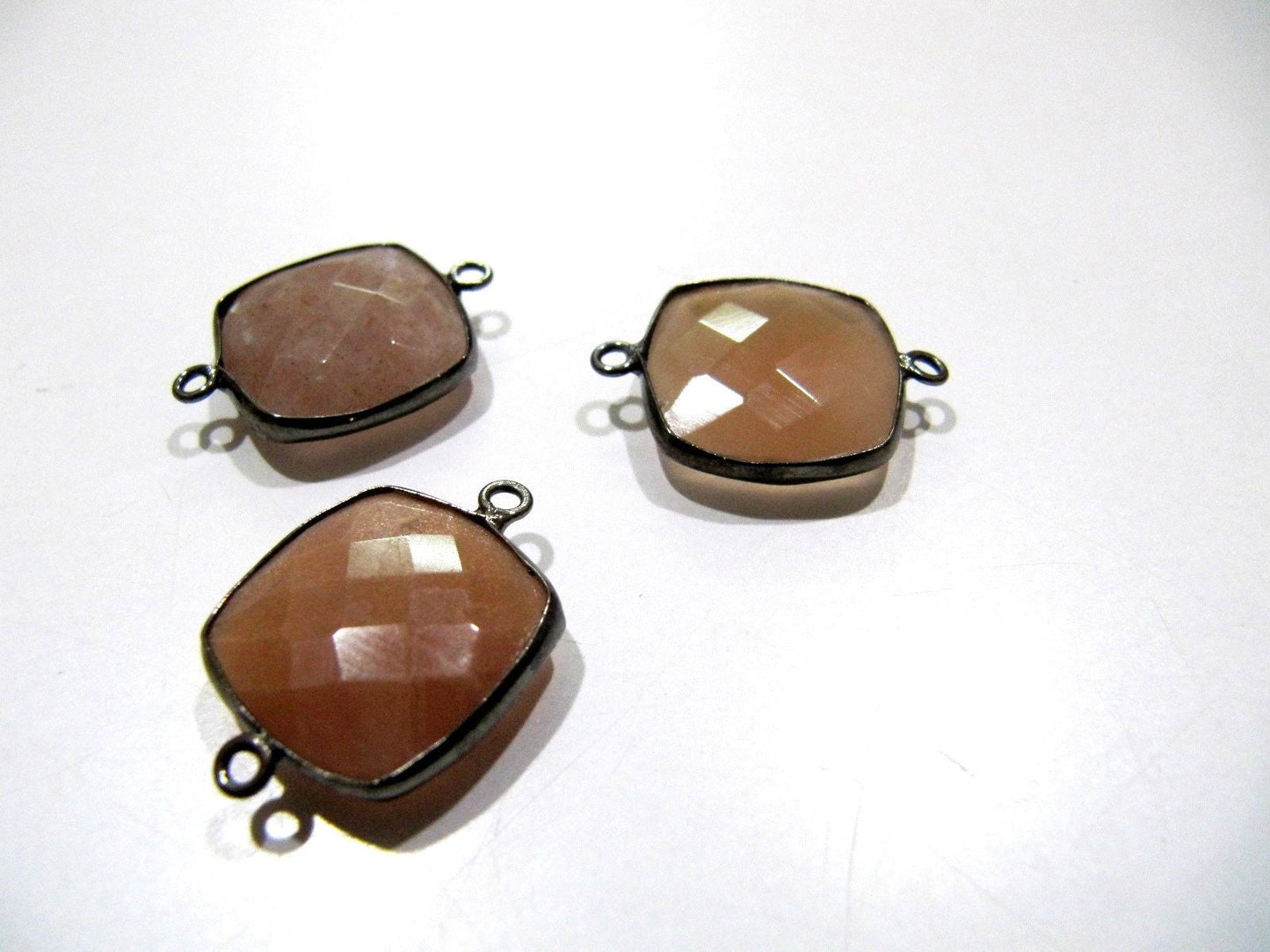 Natural Peach Moonstone Cushion Shape Faceted Briolette Double Loop Bezel Connectors 15 mm Size Gemstone Connector Charms sold per piece