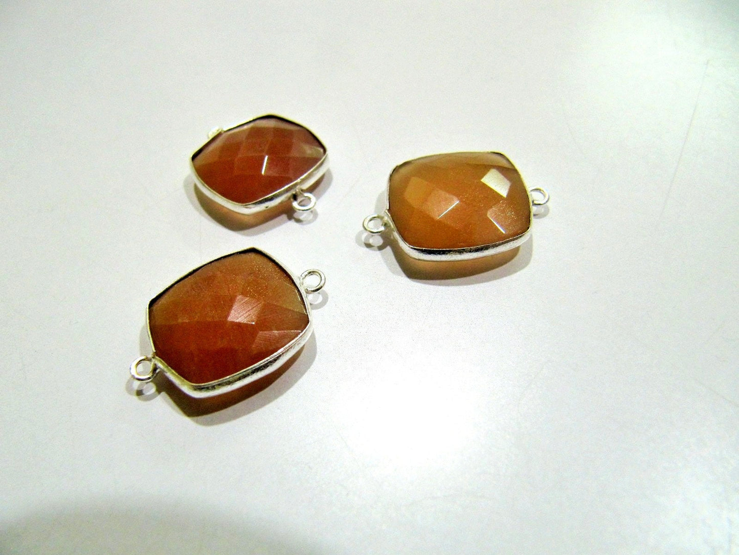 Natural Peach Moonstone Cushion Shape Faceted Briolette Double Loop Bezel Connectors 15 mm Size Gemstone Connector Charms sold per piece