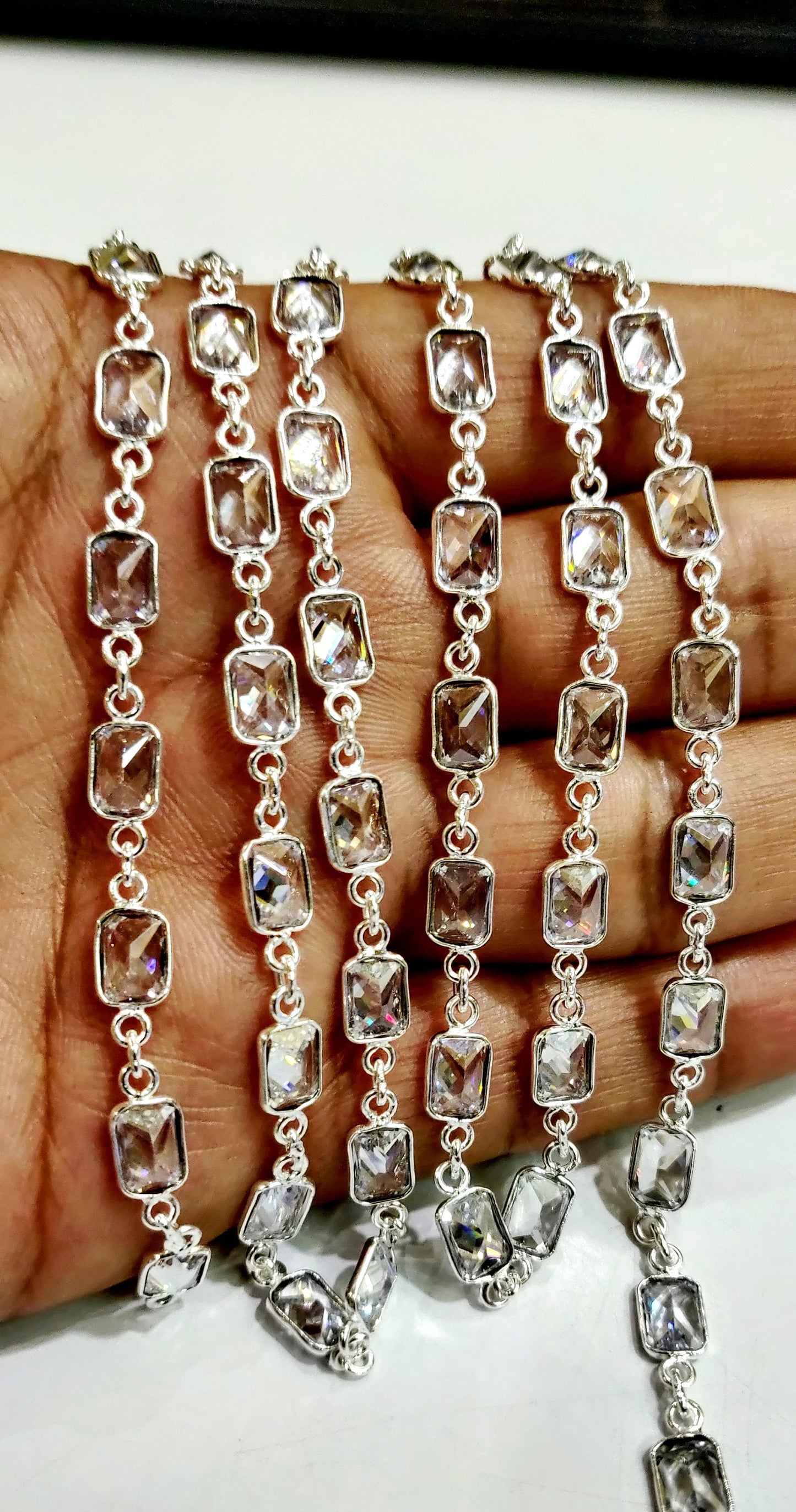 Genuine Cubic Zirconia Cushion Shape 6mm bezel Connector Chain Sold Per Foot Top Quality Wholesale Price CZ Square shape Gemstone Chain