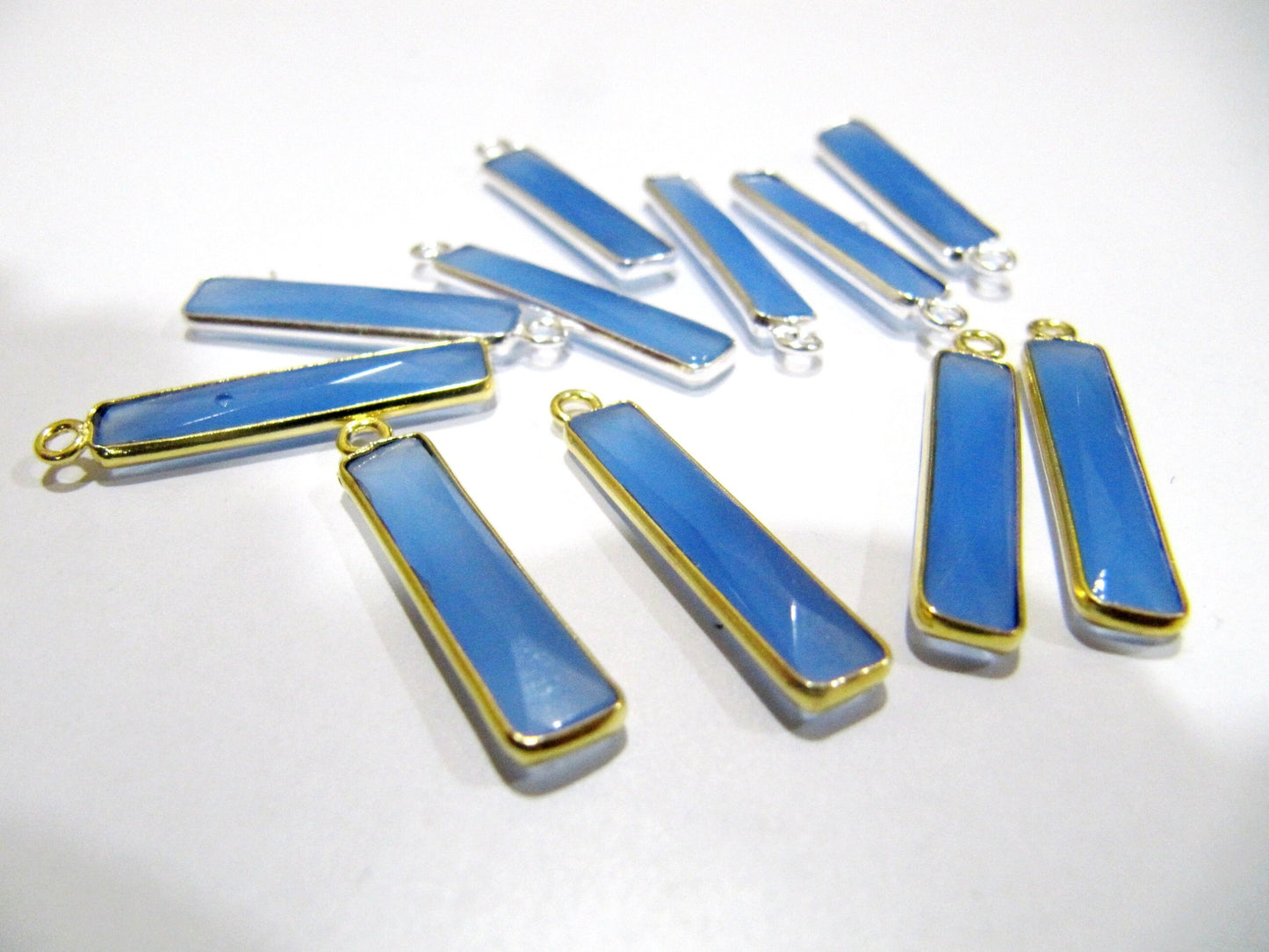 Blue Chalcedony Baguette Shape Briolette Faceted Stone Bezel Single Loop Connector 4x22mm Sold Per Piece Jewelry Making Connector