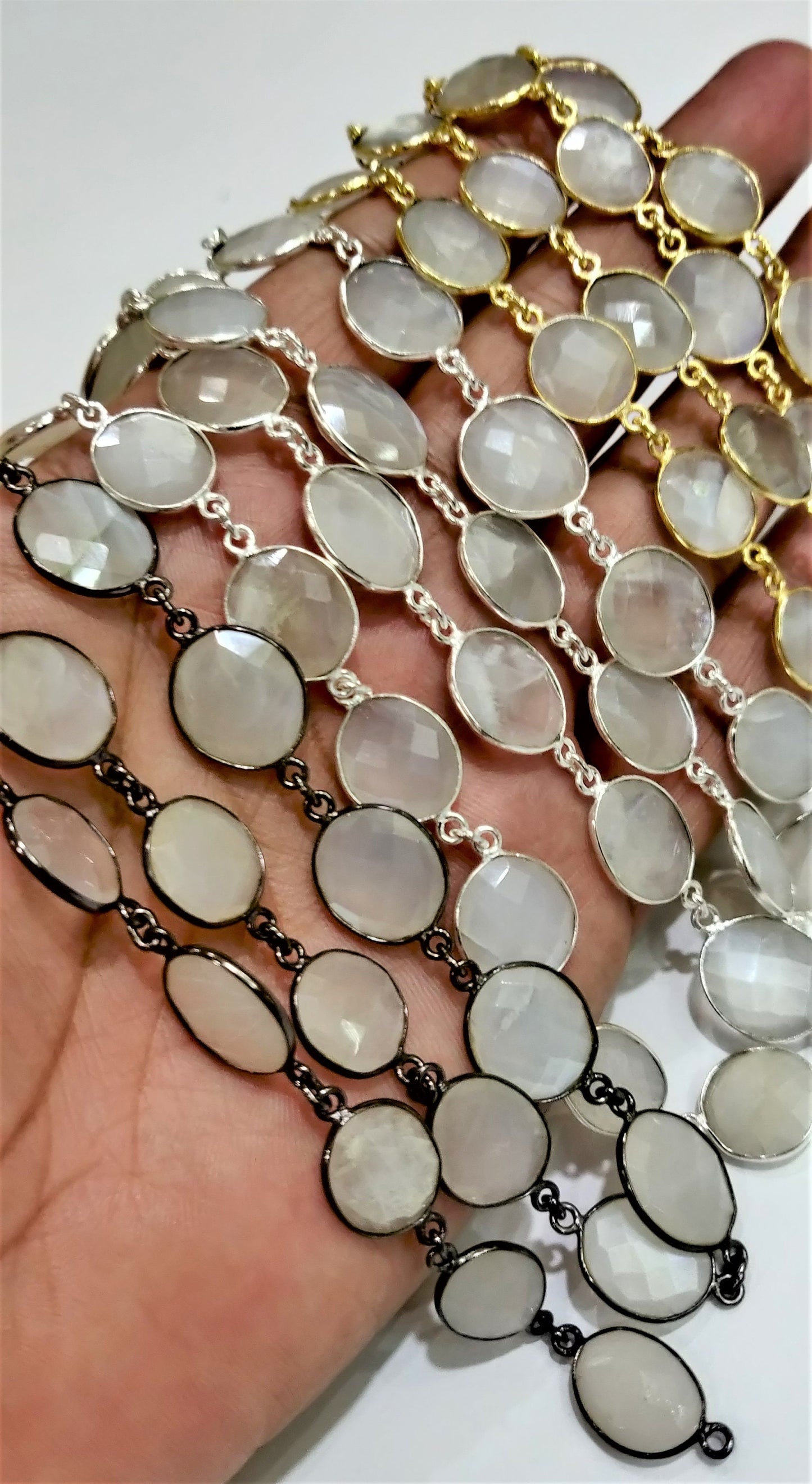 Natural White Moonstone from Ceylon Free Shape Briolette Bezel Connector Link Chain 10 to 15mm Handmade Jewellery making Chain Sold Per Foot