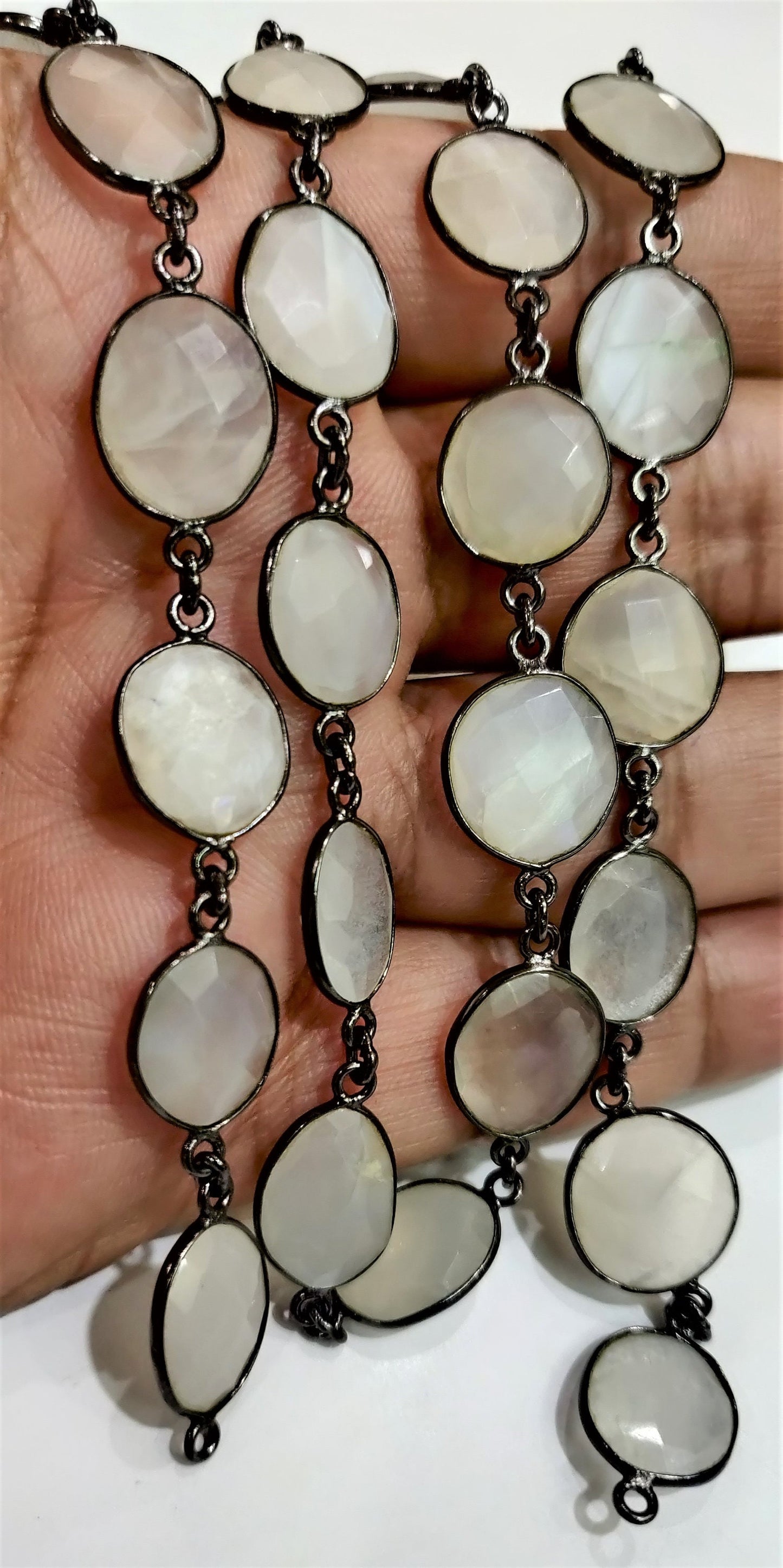 Natural White Moonstone from Ceylon Free Shape Briolette Bezel Connector Link Chain 10 to 15mm Handmade Jewellery making Chain Sold Per Foot