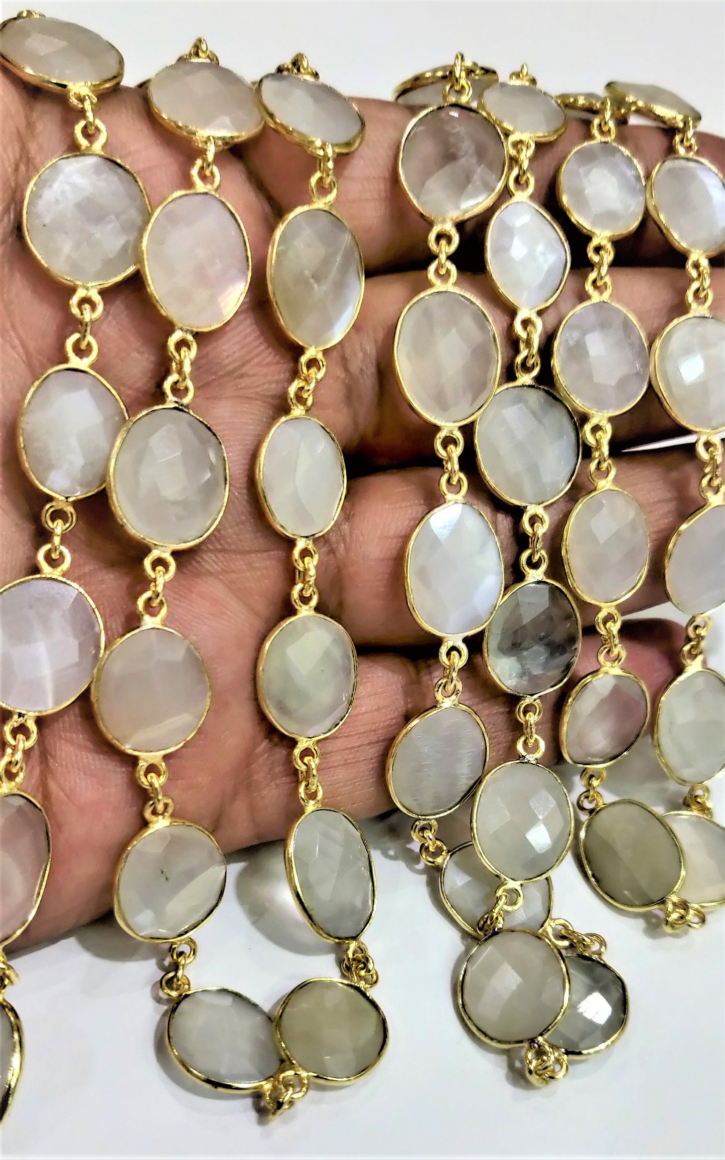 Natural White Moonstone from Ceylon Free Shape Briolette Bezel Connector Link Chain 10 to 15mm Handmade Jewellery making Chain Sold Per Foot