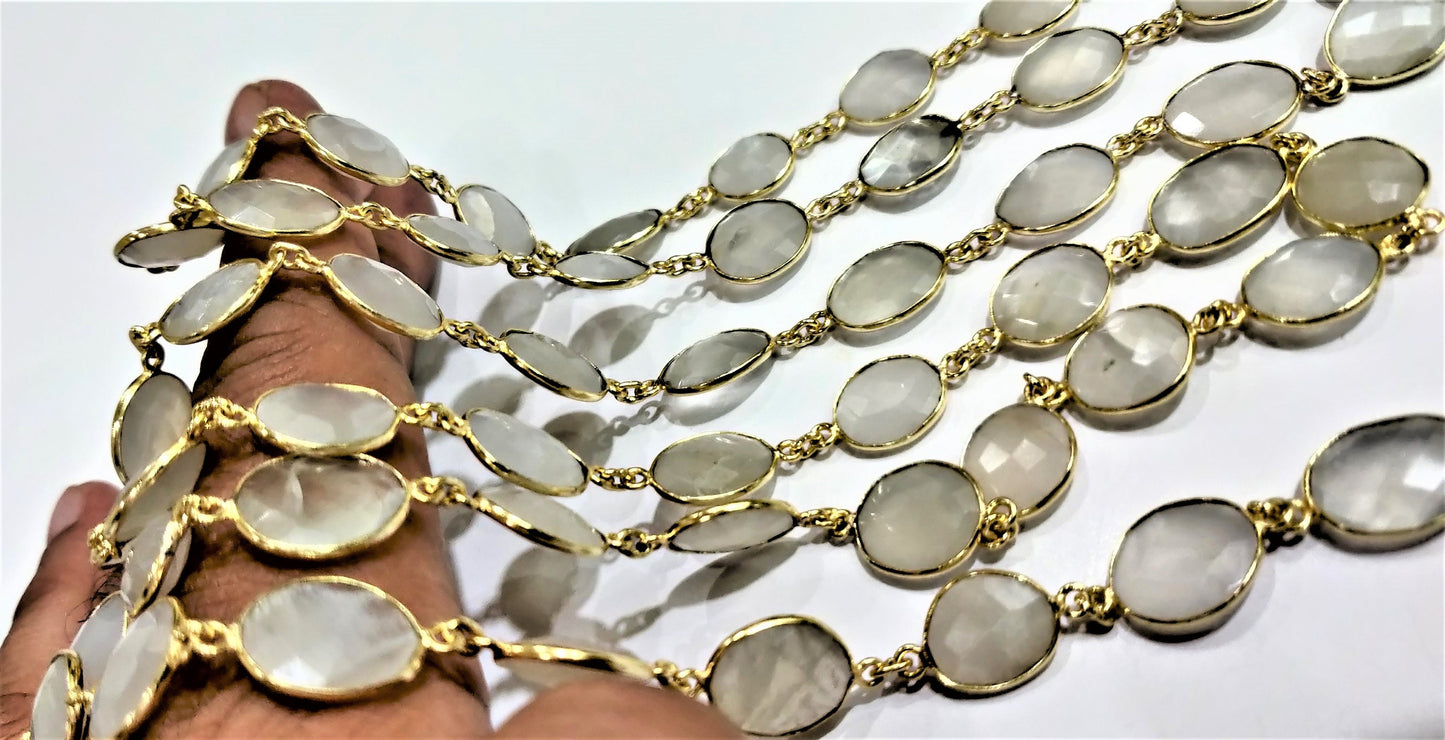 Natural White Moonstone from Ceylon Free Shape Briolette Bezel Connector Link Chain 10 to 15mm Handmade Jewellery making Chain Sold Per Foot