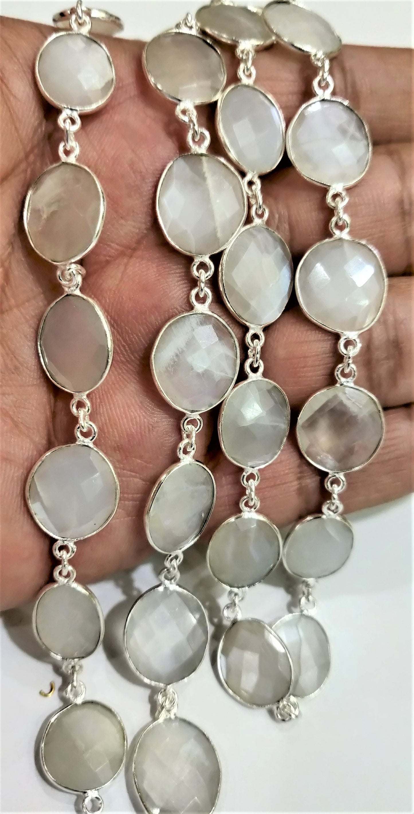 Natural White Moonstone from Ceylon Free Shape Briolette Bezel Connector Link Chain 10 to 15mm Handmade Jewellery making Chain Sold Per Foot