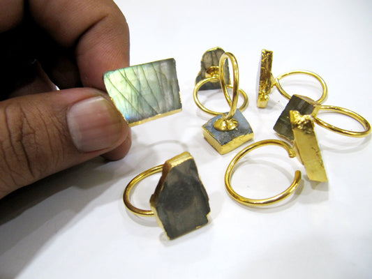 Natural Labradorite Stone Designer Rings Adjustable Size Free Size 24 Kt Gold Electroplated Jewelry For Girls and Women Wholesale Prices