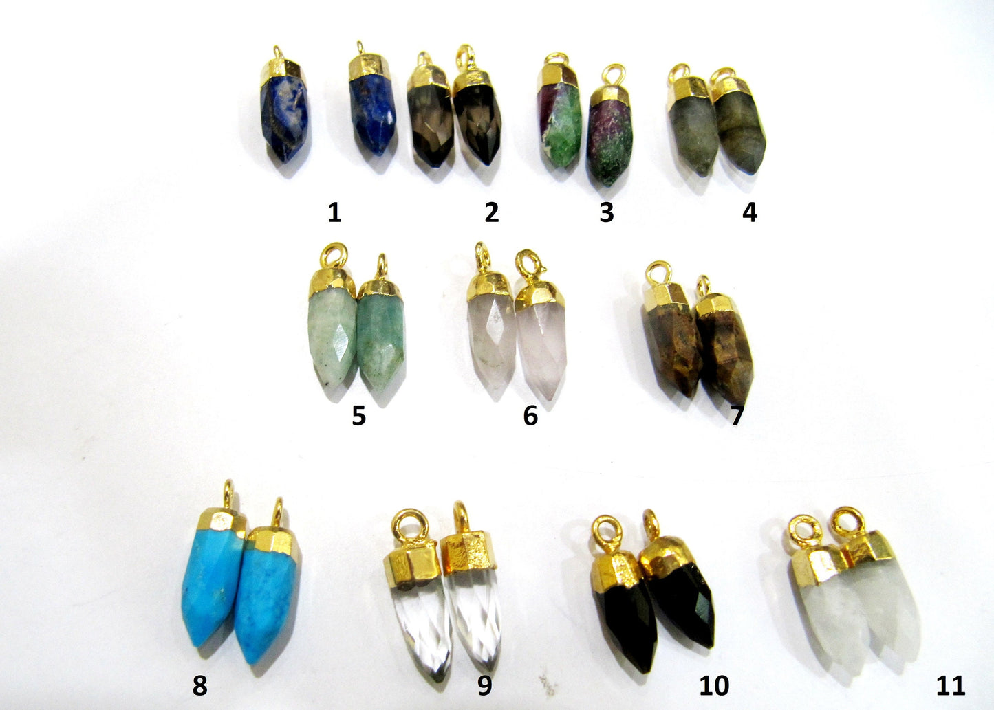 Natural Gemstones Tiny Bullet Charm Pointer Pendant  Single Loop Connector 24k Gold Electroplated  0.5 inch long Sold Per Piece Pencil Charm
