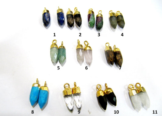 Natural Gemstones Tiny Bullet Charm Pointer Pendant  Single Loop Connector 24k Gold Electroplated  0.5 inch long Sold Per Piece Pencil Charm