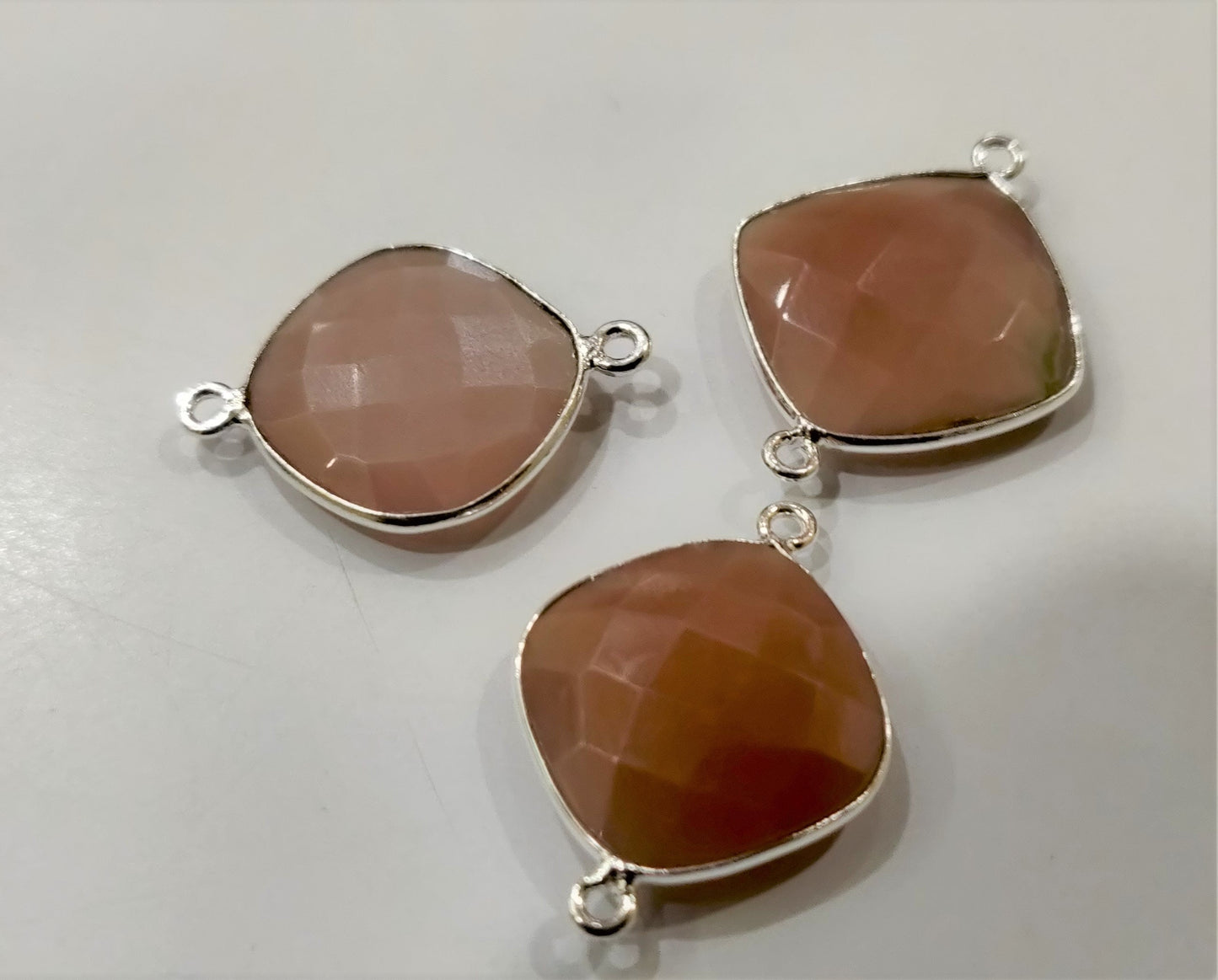 Natural Peach Moonstone Cushion Shape 16mm Briolette Bezel connectors charms pendants Double Loop Choose the Plating color