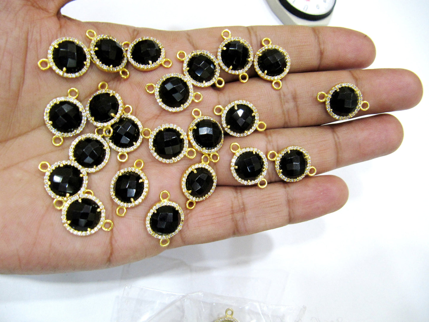 Gemstone Quartz Round Shape Briolette 13mm Connectors With Setted CZ Pave 24K Gold Electroplated Double Loop Gemstone Jewelry Charms
