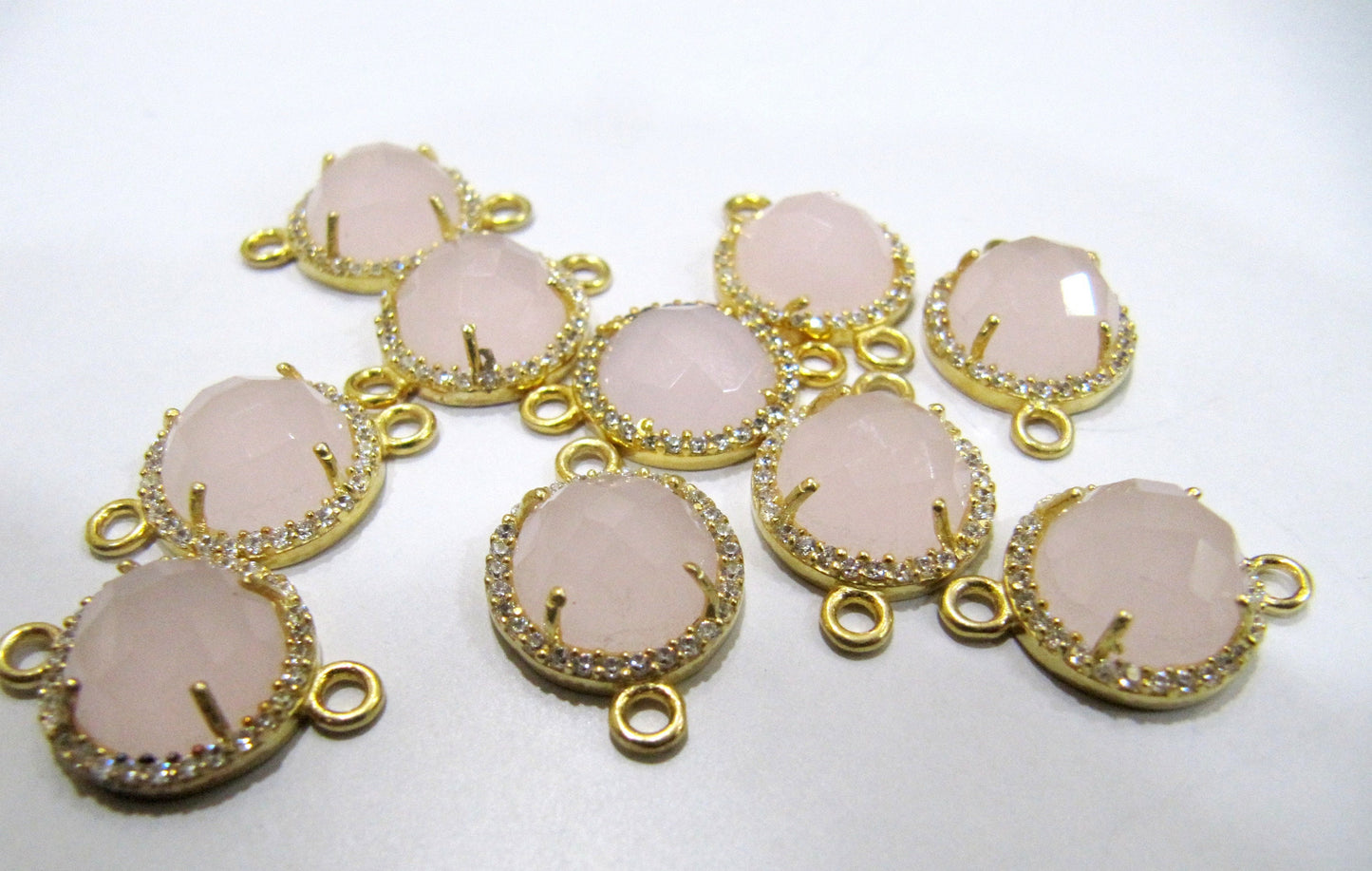 Gemstone Quartz Round Shape Briolette 13mm Connectors With Setted CZ Pave 24K Gold Electroplated Double Loop Gemstone Jewelry Charms