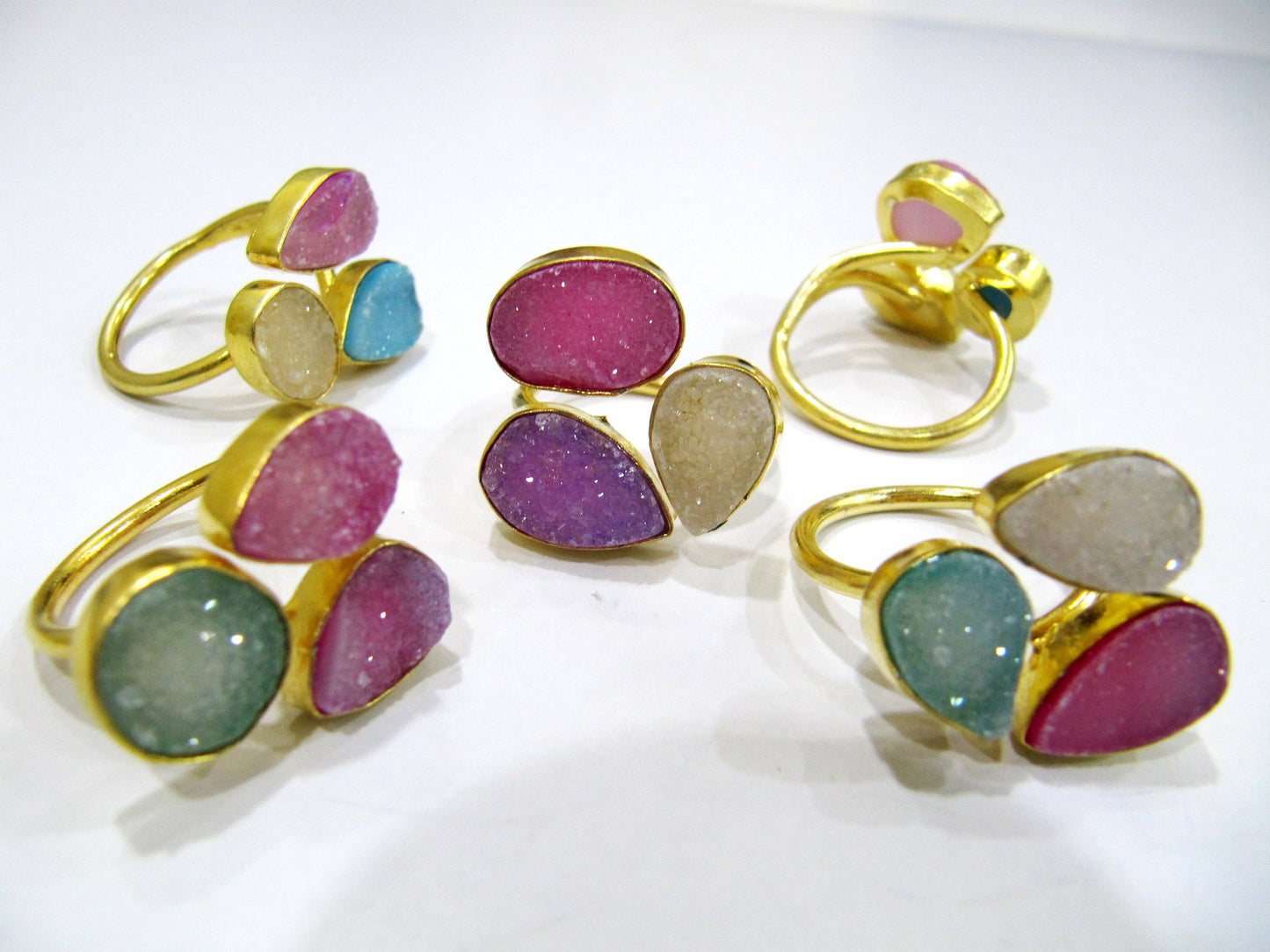Beautiful Colorful Druzy Rings Triplet Design Size 10-20mm, Adjustable Size, Free Size, 24 Kt Gold Plated, Mix Color and Shape, YOU CHOOSE