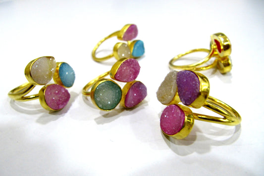 Beautiful Colorful Druzy Rings Triplet Design Size 10-20mm, Adjustable Size, Free Size, 24 Kt Gold Plated, Mix Color and Shape, YOU CHOOSE