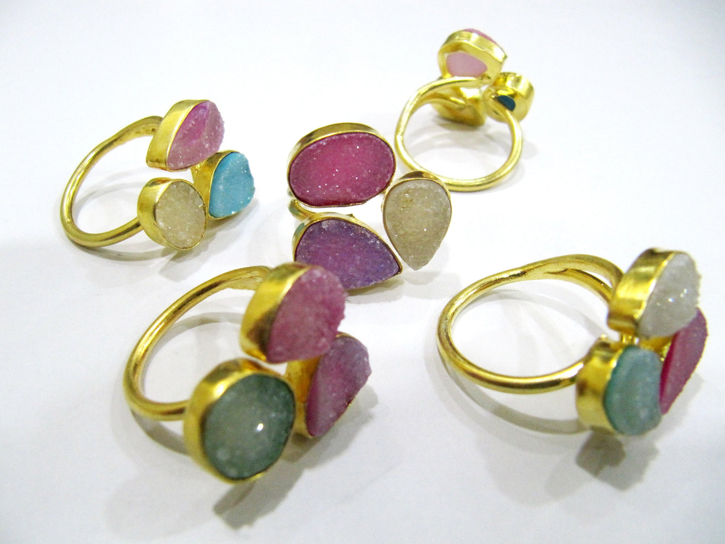 Beautiful Colorful Druzy Rings Triplet Design Size 10-20mm, Adjustable Size, Free Size, 24 Kt Gold Plated, Mix Color and Shape, YOU CHOOSE