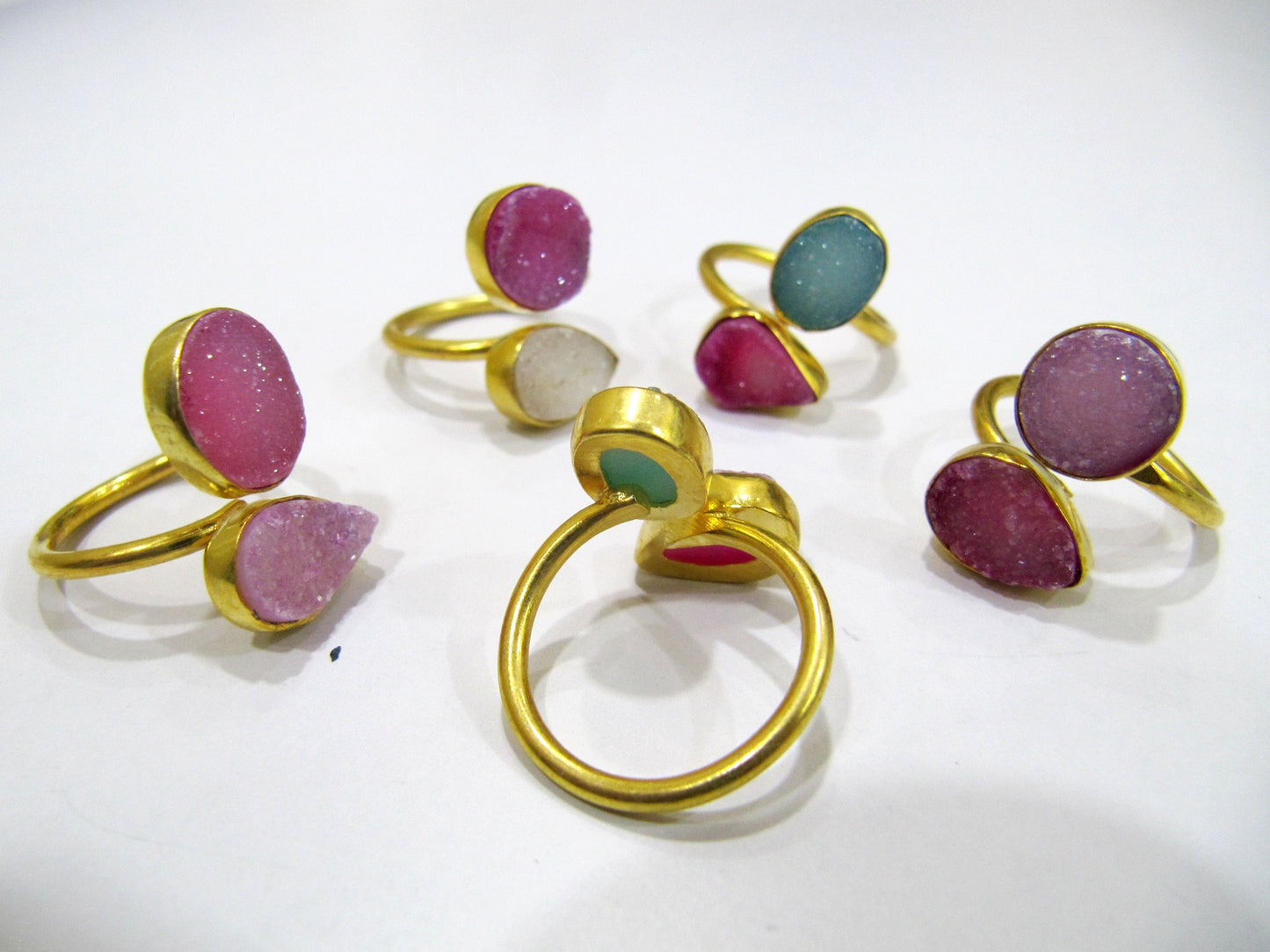 Multi Color Druzy Rings Double Stone Design Size 10-20mm Adjustable Size Free Size 24 Kt Gold Plated, Mix Color and Shape, YOU CHOOSE