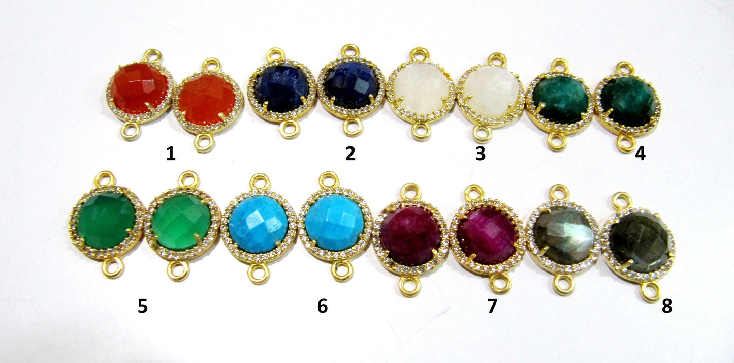 Natural Gemstones Round Shape Briolette 13mm Connectors charms With Setted CZ Pave 24K Gold Electroplated Double Loop Gemstone Jewelry