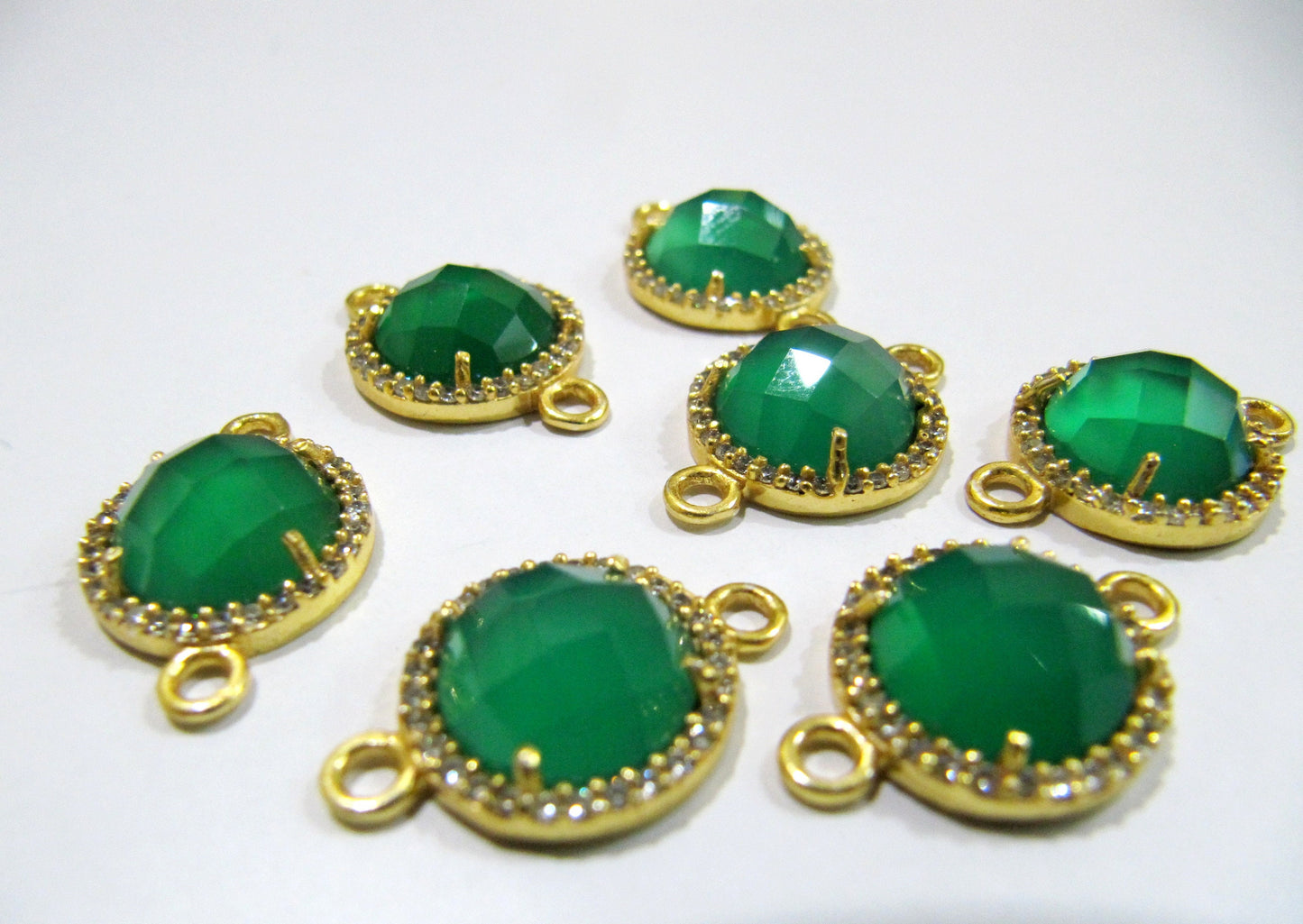 Natural Gemstones Round Shape Briolette 13mm Connectors charms With Setted CZ Pave 24K Gold Electroplated Double Loop Gemstone Jewelry