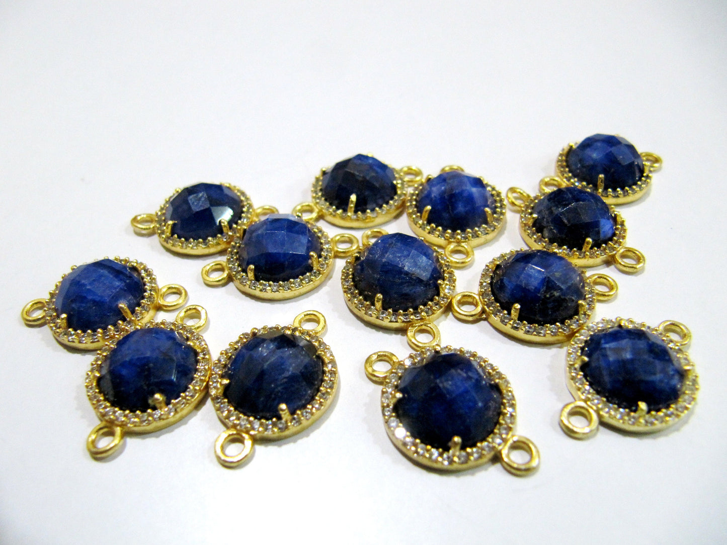 Natural Gemstones Round Shape Briolette 13mm Connectors charms With Setted CZ Pave 24K Gold Electroplated Double Loop Gemstone Jewelry