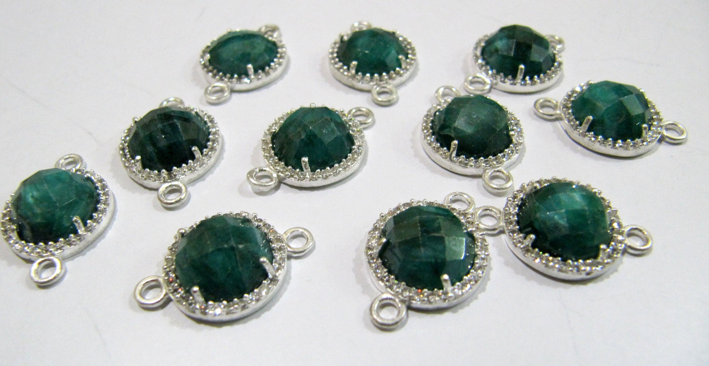 Natural Gemstones Round Shape Briolette 13mm Connectors With Setted CZ Pave Silver Bezel Charms  Double Loop Gemstone Jewelry CHOOSE