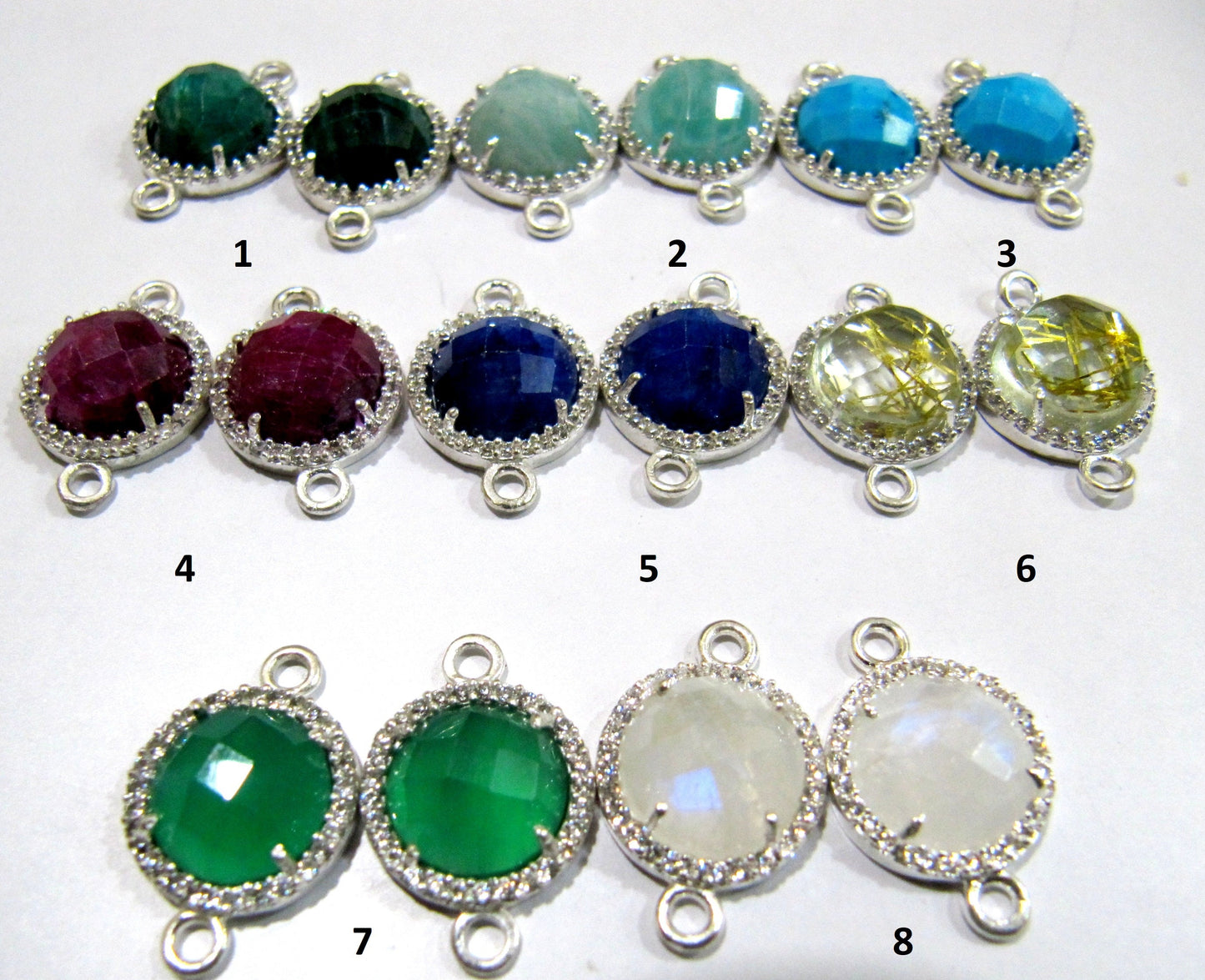 Natural Gemstones Round Shape Briolette 13mm Connectors With Setted CZ Pave Silver Bezel Charms  Double Loop Gemstone Jewelry CHOOSE