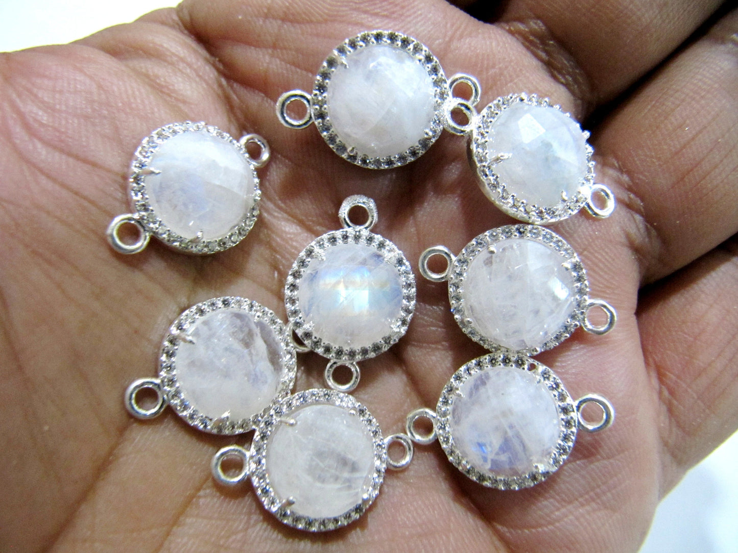 Natural Gemstones Round Shape Briolette 13mm Connectors With Setted CZ Pave Silver Bezel Charms  Double Loop Gemstone Jewelry CHOOSE