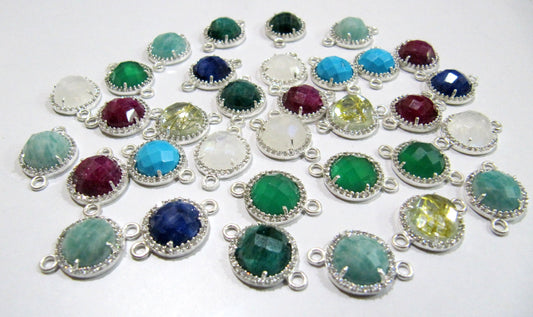 Natural Gemstones Round Shape Briolette 13mm Connectors With Setted CZ Pave Silver Bezel Charms  Double Loop Gemstone Jewelry CHOOSE