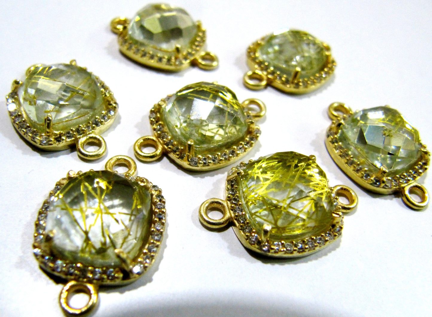 Golden Rutilated Quartz Cushion Shape Briolette Connectors 13mm with Setted CZ Pave Double Loop Bezel Gemstone Jewelry Sold Per Piece
