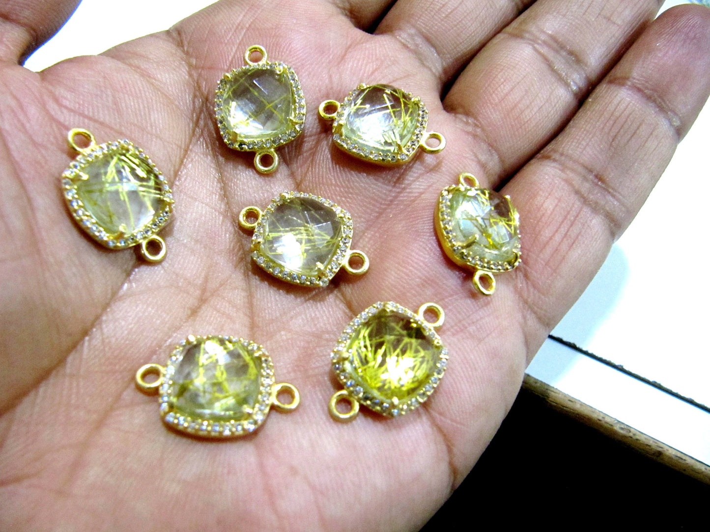 Golden Rutilated Quartz Cushion Shape Briolette Connectors 13mm with Setted CZ Pave Double Loop Bezel Gemstone Jewelry Sold Per Piece