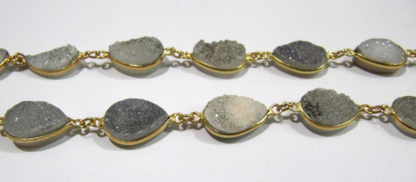 Natural White Sugar Druzy Pear Shape 10x14mm Connector Chain,Gold Plated Bezel Connector Chain Bezel Chain Sold Per Foot