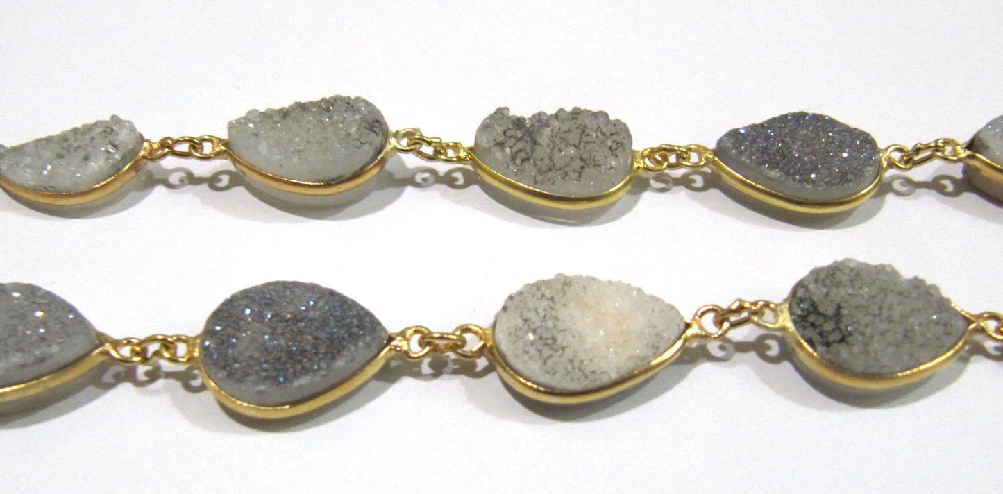 Natural White Sugar Druzy Pear Shape 10x14mm Connector Chain,Gold Plated Bezel Connector Chain Bezel Chain Sold Per Foot