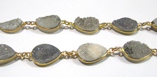 Natural White Sugar Druzy Pear Shape 10x14mm Connector Chain,Gold Plated Bezel Connector Chain Bezel Chain Sold Per Foot