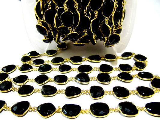 Natural Black Onyx Free Shape Briolette Faceted Uneven Bezel Connector Chain 10 to 15mm Sold Per Foot High Quality  Wholesale price