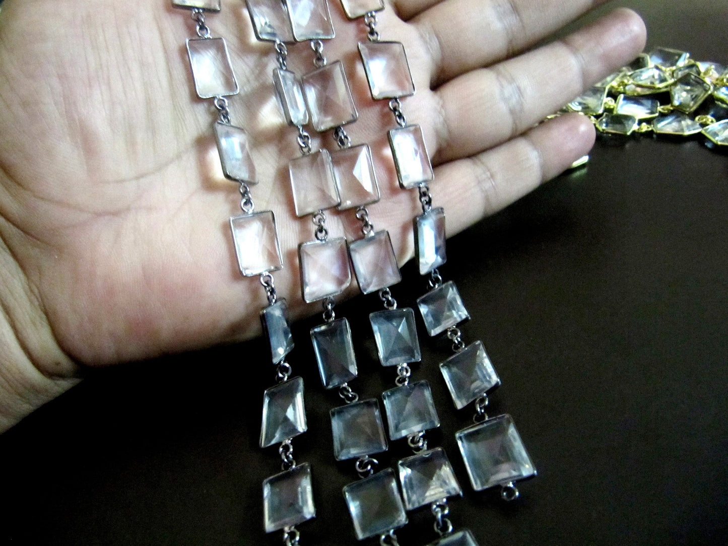Natural Rock Crystal Laser Cut Uneven Free Shape 14 to 15mm Connector Bezel Chain Sold Per Foot High Quality Wholesale Prices