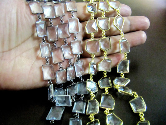 Natural Rock Crystal Laser Cut Uneven Free Shape 14 to 15mm Connector Bezel Chain Sold Per Foot High Quality Wholesale Prices